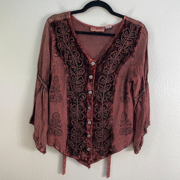 Agan Traders Womens Medium Velvet Trim Top Tie Back Long Sleeve Shirt - Picture 8 of 12